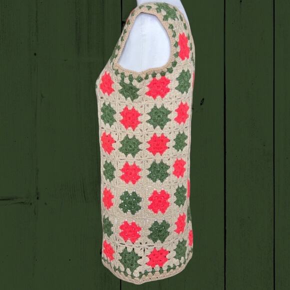 Vintage Tan Pink Green Granny Square 70s Crocheted Button Front Vest Sweater S/M - Picture 4 of 8